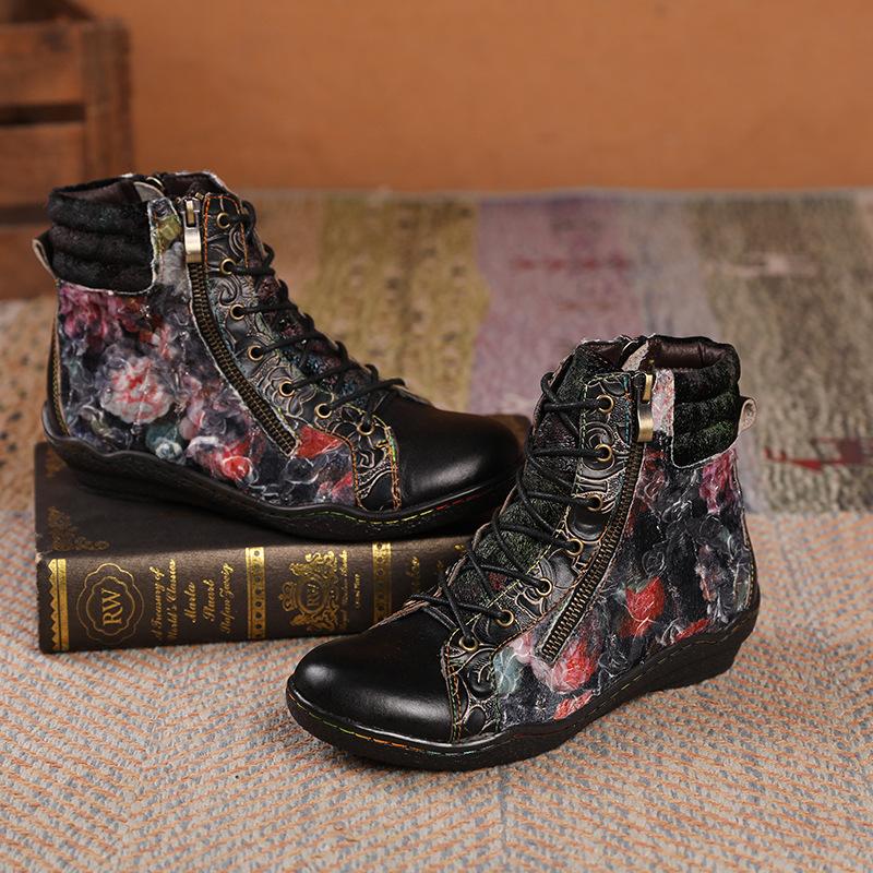 Johnature Retro Oil Painting Women's Boots Handmade Ethnic Flower Lace Up Comfortable Flat Leather Short Boots