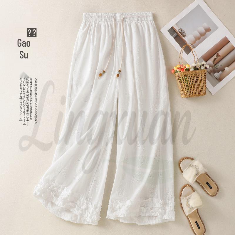 

White Lace Embroidery Wide-Leg Pants with Drawstring for Women L белый