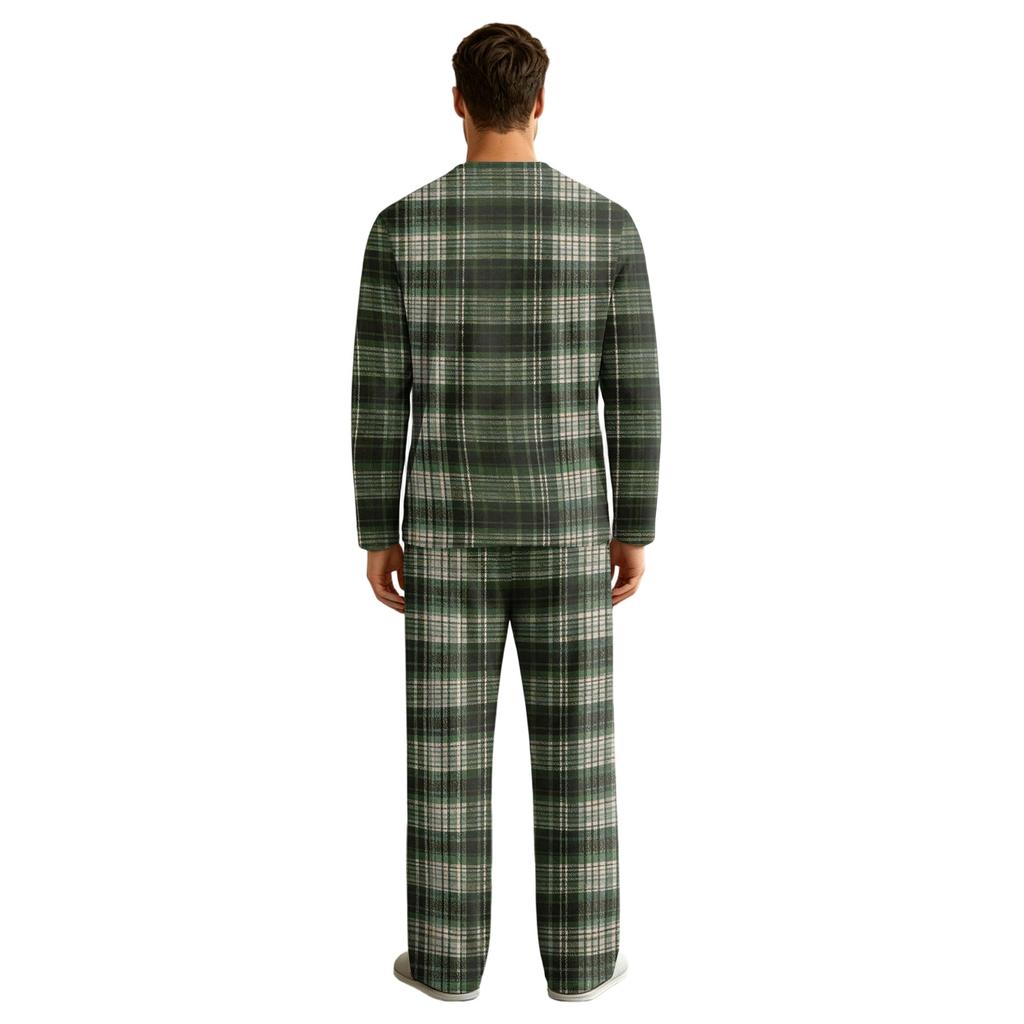 Men's Long Sleeve Pajama Set with Button Crotch and Elastic Drawstring Waist for Home Comfort