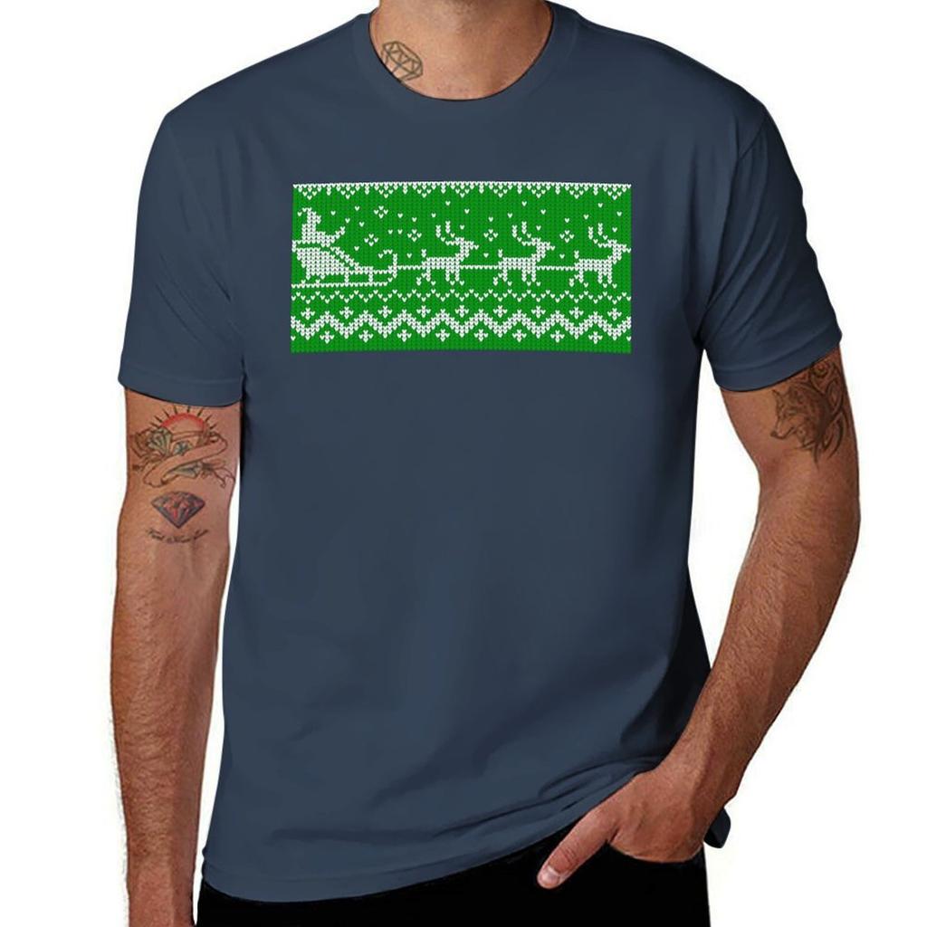 Green Ugly Sweater Pattern Santa Claus And Reindeer Tshirt Casual Daily Wear Short Sleeve Top