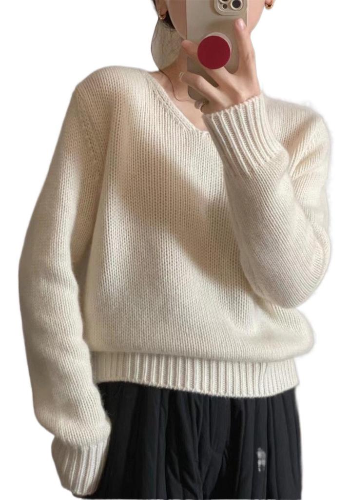 2024 Korean V-Neck Wool Sweater for Women - Thick, Plush, Loose-Fit Knit Pullover with Long Sleeves