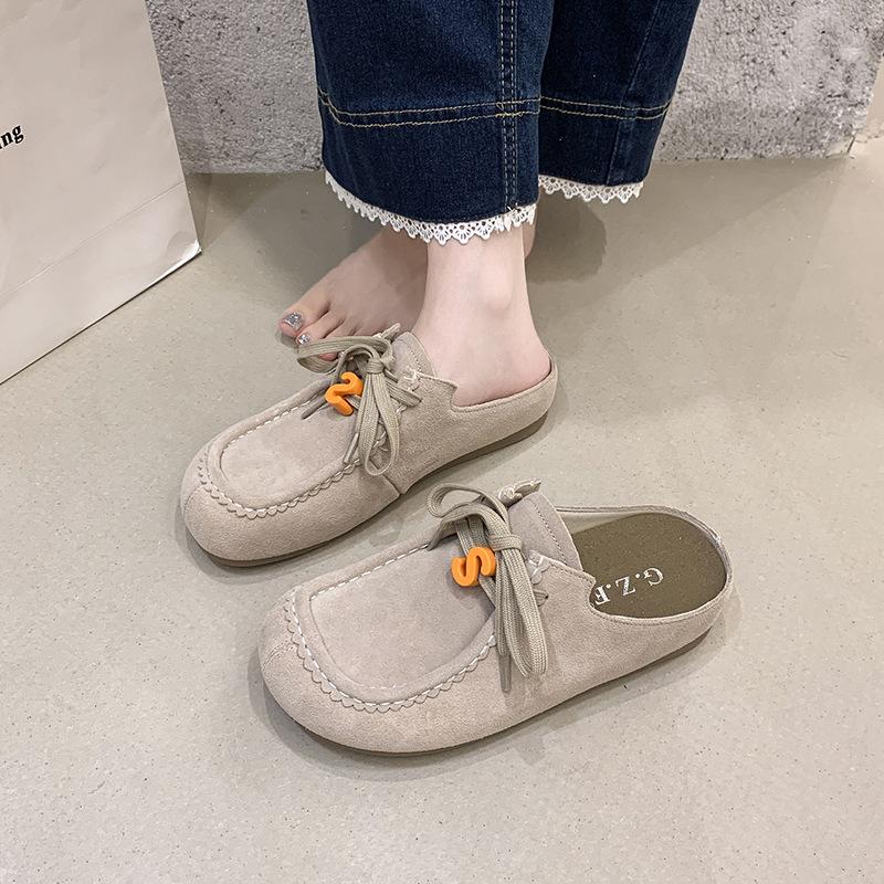 2025 autumn new round bag head solid color versatile fashion style women's one-pedal lace-up thick-soled slippers