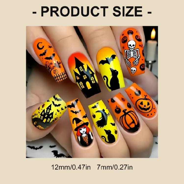 24pc Pumpkin Ghosted Bat False Nail Medium Square Shape ABS Fake Nail Halloween Party Nail Easy Application Design