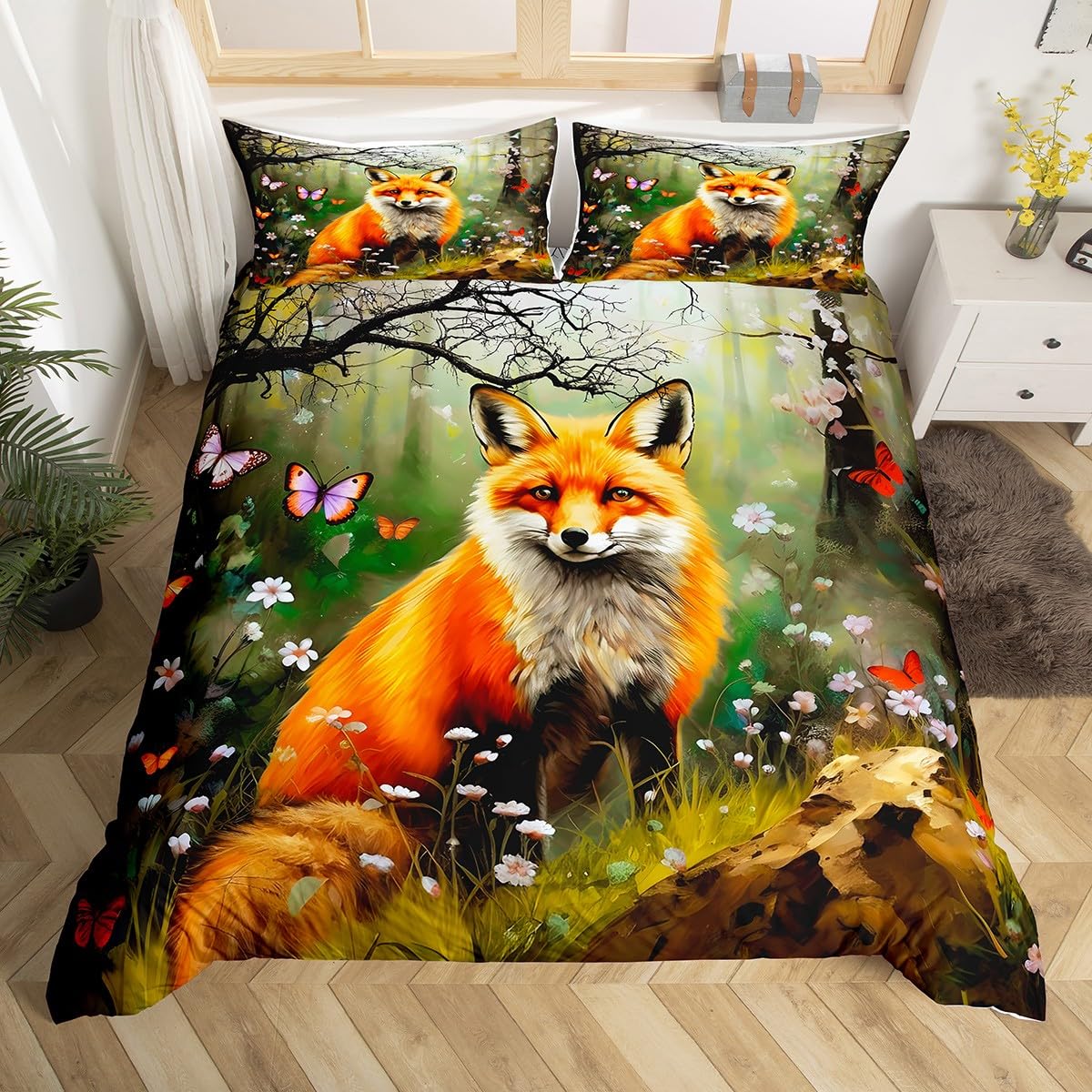 

Пододеяльник с принтом лисы Твин Квин Милый комплект постельного белья с животными Лесной лис Чехол для одеяла Полиэстеровый чехол для одеяла с 2 наволочками EU Single(135x200cm)