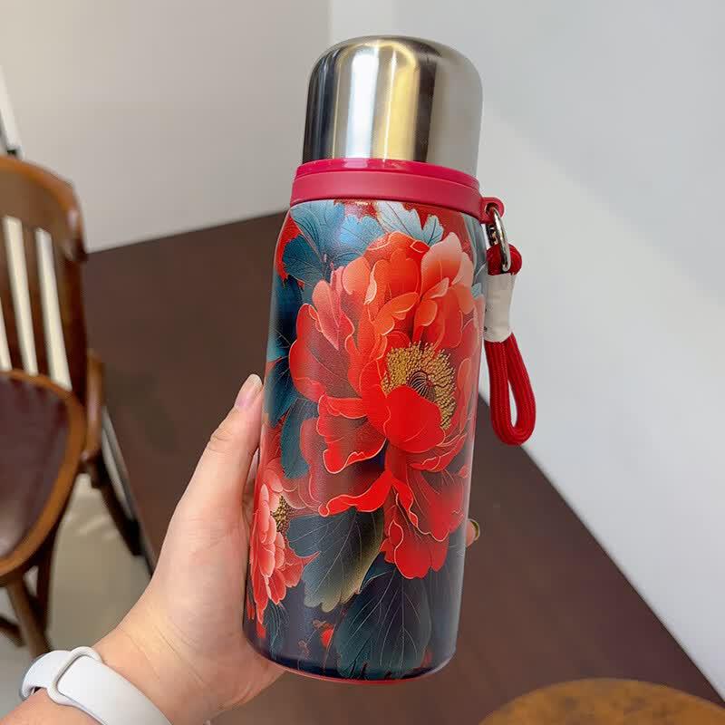 OLOEY 304 Stainless Steel Insulated Thermos with Peony Print
