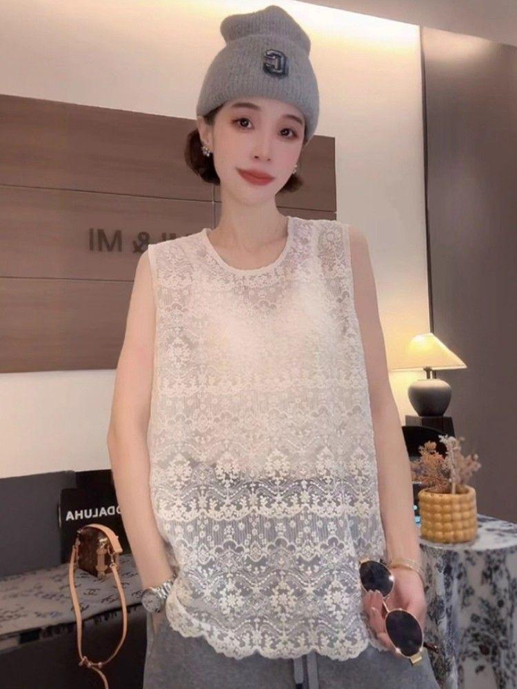 2025 Autumn/Winter Korean Retro Crochet Sleeveless Lace Vest Top