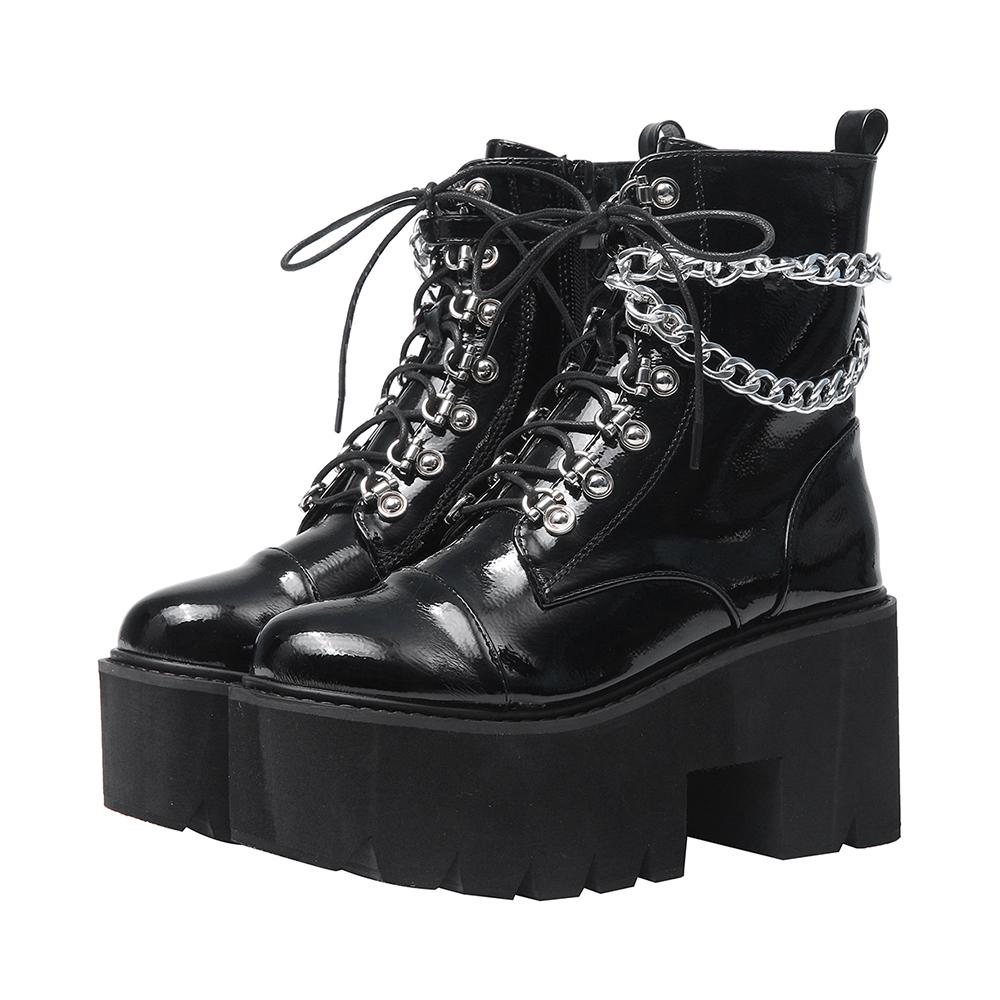 Gothic Black Boots for Women Sexy Chain Chunky Heel Platform Boots Female Punk Style Ankle Boots Zipper