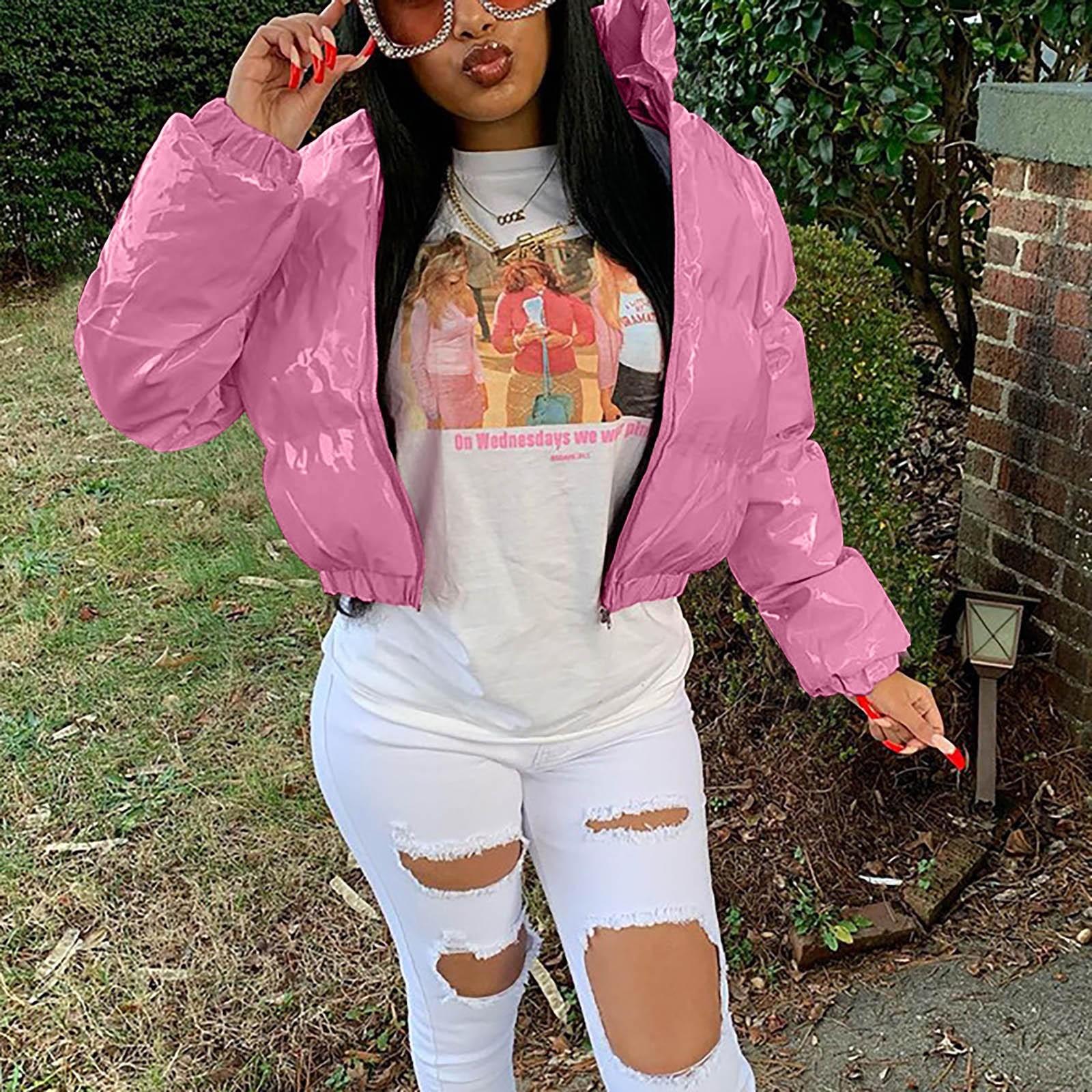 

Женская и зимняя однотонная зеркальная молния из искусственной кожи с воротником-стойкой и однотонным зеркальным узором XL розовый