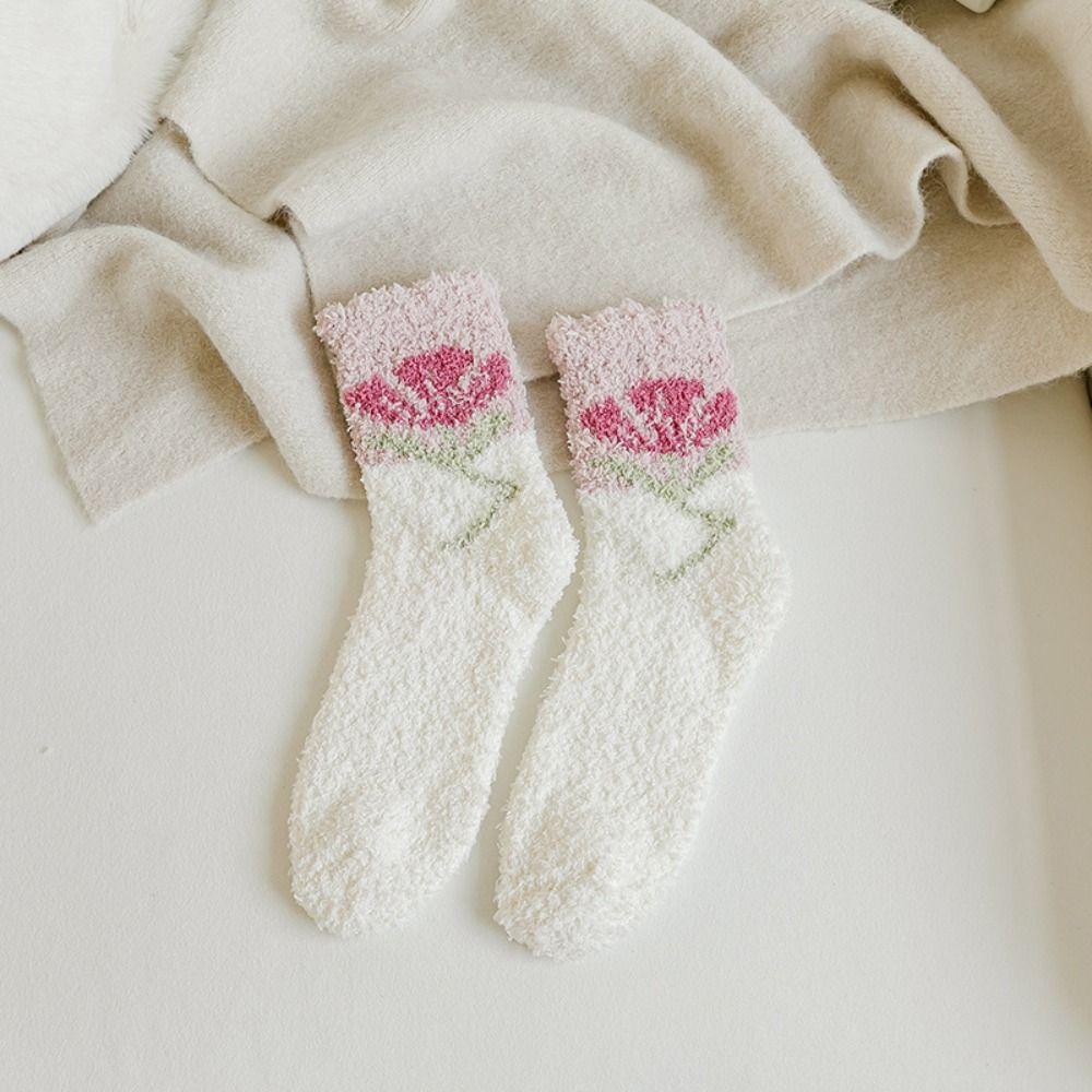 Warm Autumn Flower Trendy Tulips Pattern Sweet Thick Coral Velvet Middle Tube Korean Style Socks Female Socks