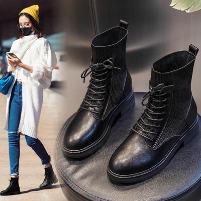 Leather Martin Boots Autumn Leather Boots Women's Medium Tube Casual Thick Heel Short Boots Women's Socks Thick-soled Women's Boots