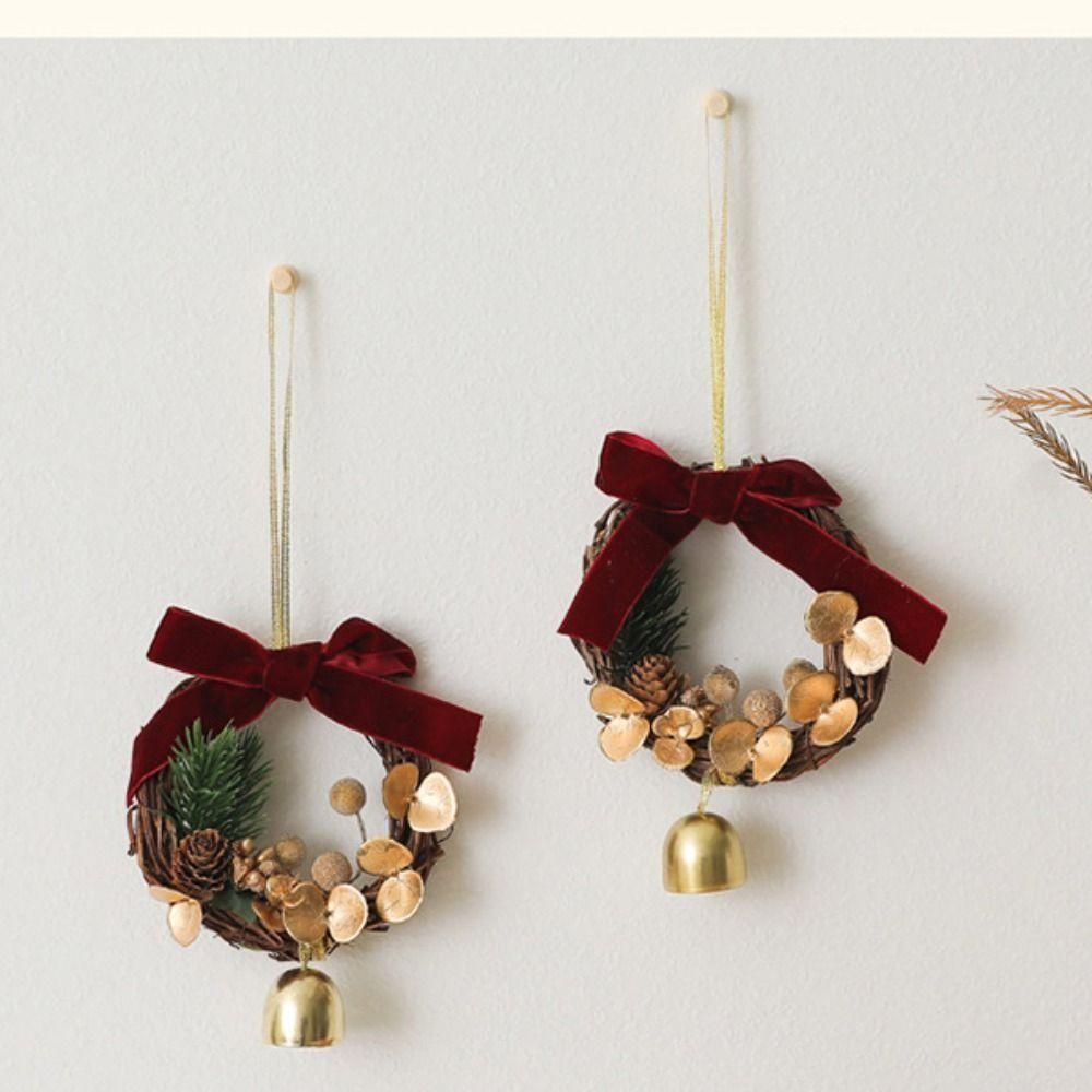 Wreath Christmas Chime Bell Green Pine Cone Bell Pendant Christmas Velvet Bow Bell  Garden Decor