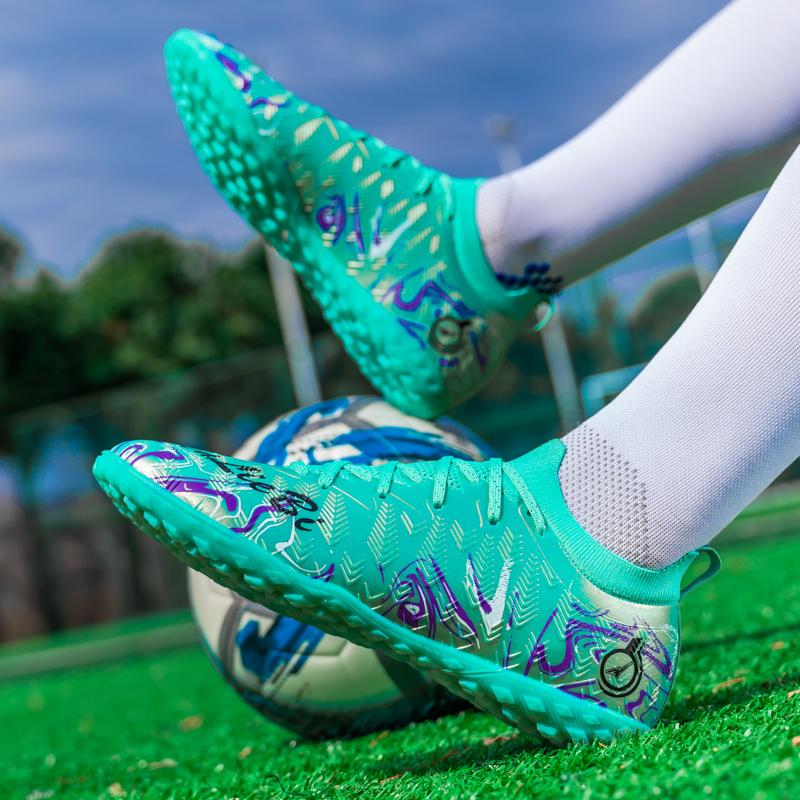 Men's High Top Football Boots Rubber Soft Sole Short Spikes Artificial Turf Leather Youth Children's Football Boots