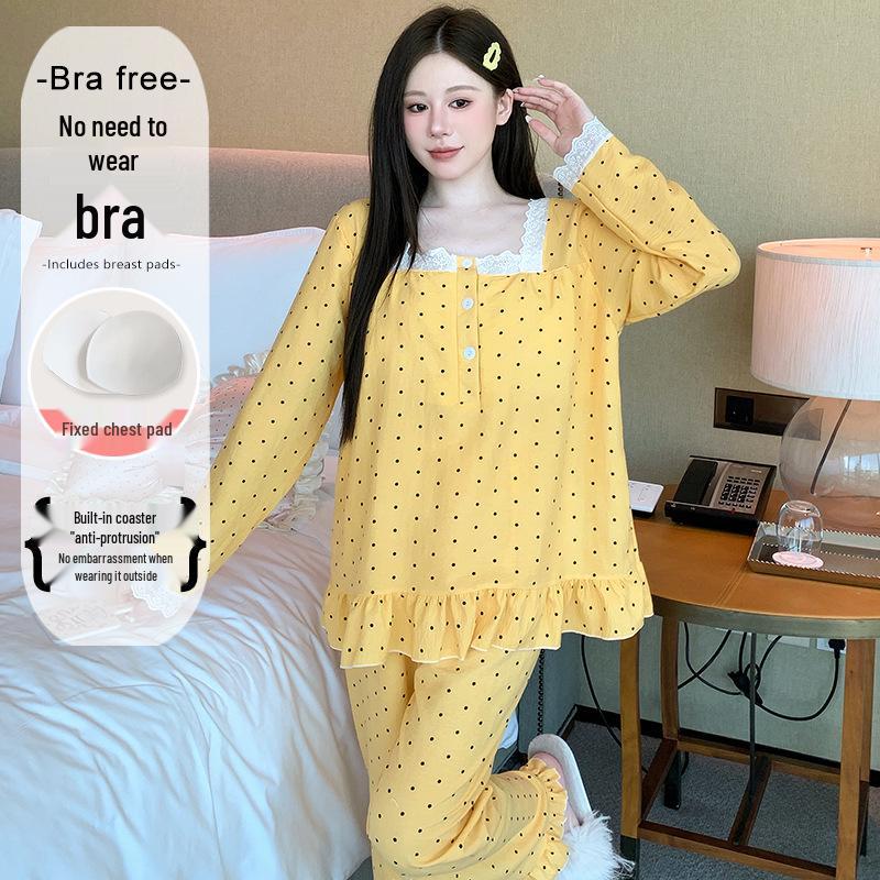 Yellow Sweet Princess Long Pajamas with Chest Pad - Korean Cloud Cotton, Plus Size, Spring/Autumn Style