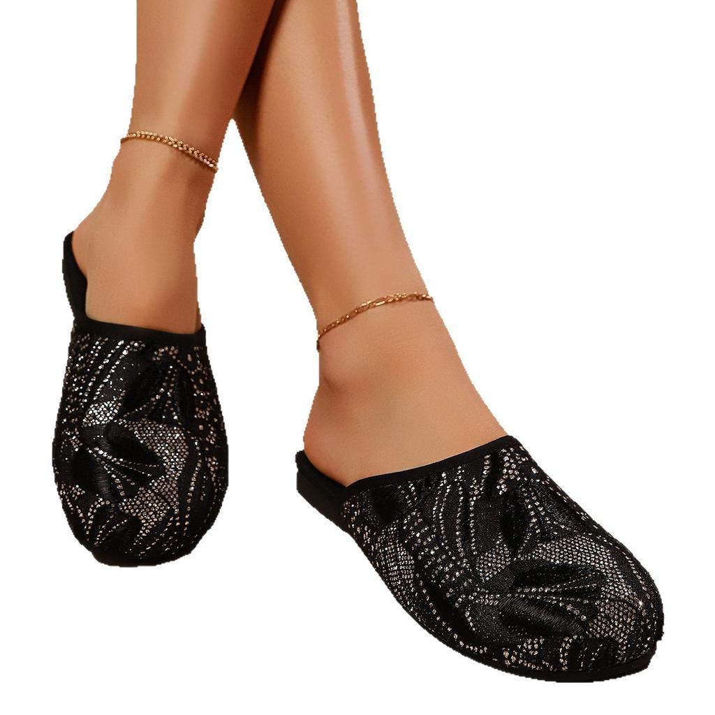 New Flat-bottomed Bag Head Half Slippers Women's Fashion Outer Wear Sequined Flat-heeled Mesh Cool Slippers Fairy Shoes