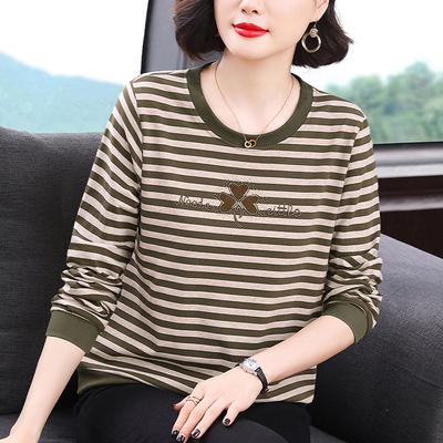 Kadın İlkbahar ve Sonbahar Tişörtleri Bol Uzun Kollu Alt Gömlekler 2 Yeni Büyük Beden Çizgili Yuvarlak Yaka Üstler Trend