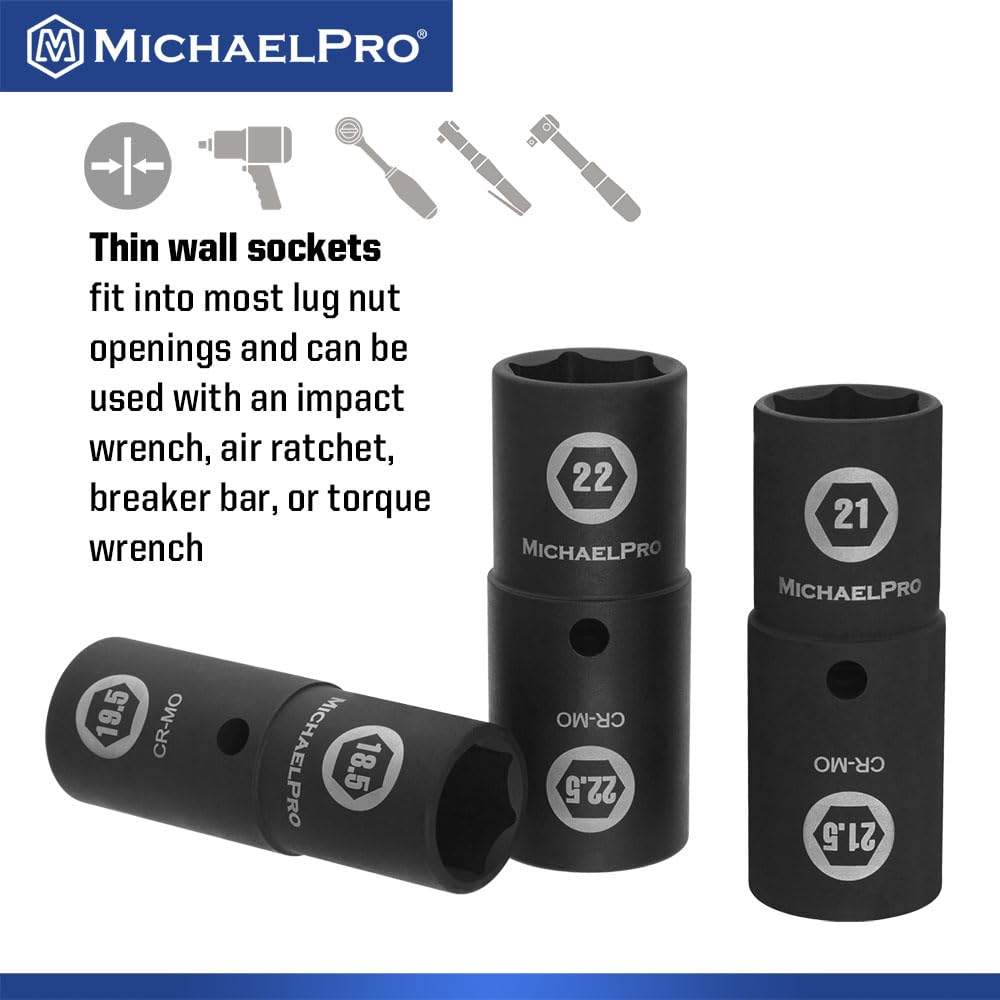MichaelPro MP005042 Drive Impact Flip Lug Nut Socket Half Lifetime with Knockout Bar 4-Piece 1/2-Inch Thin-Wall Set, Size, Chrome-Moly Steel, Use,