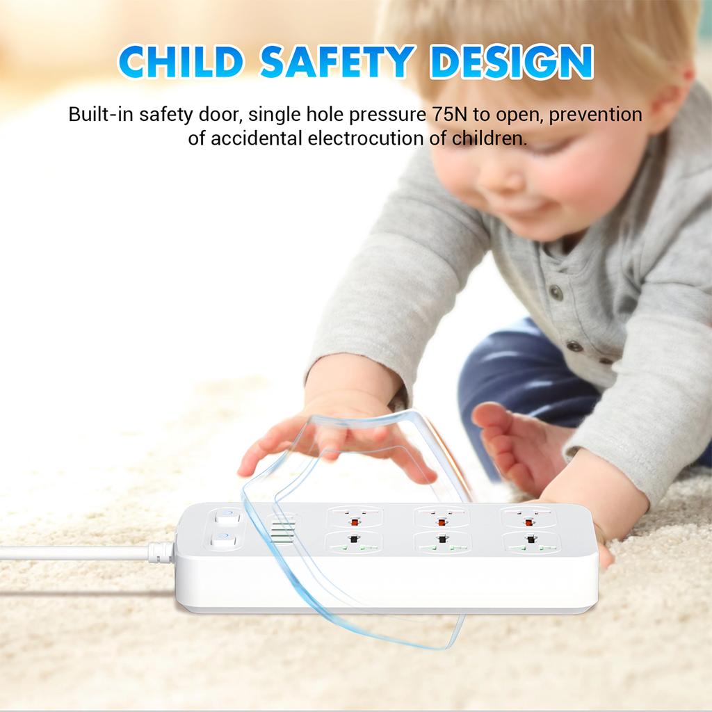 Power Strip Surge Protection Multi Socket 6 Outlets UK/US/EU Plug 1.8m Extension Cord with Type C 4USB Port Electrical Table Socket