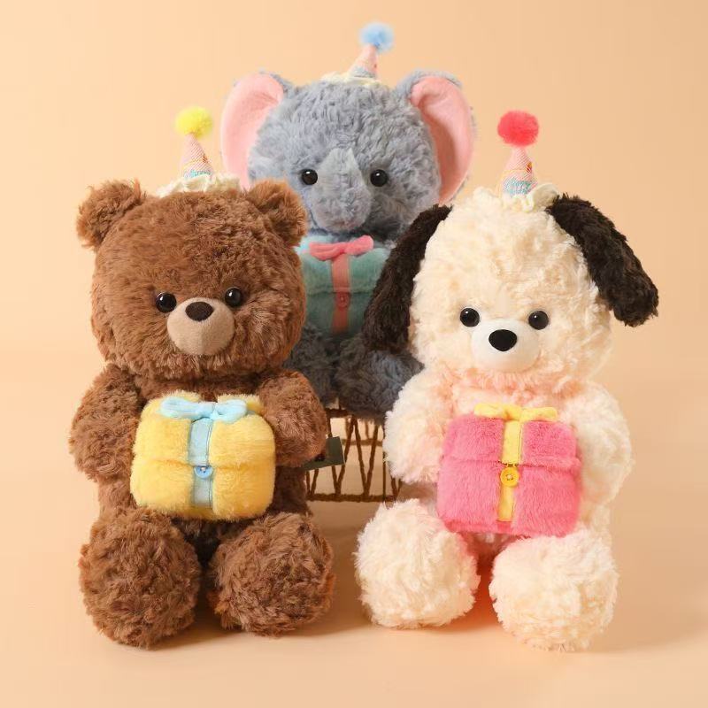 Plush Toy Birthday Hat Bear Elephant Dog Stuffed Pillow For Kids Gift