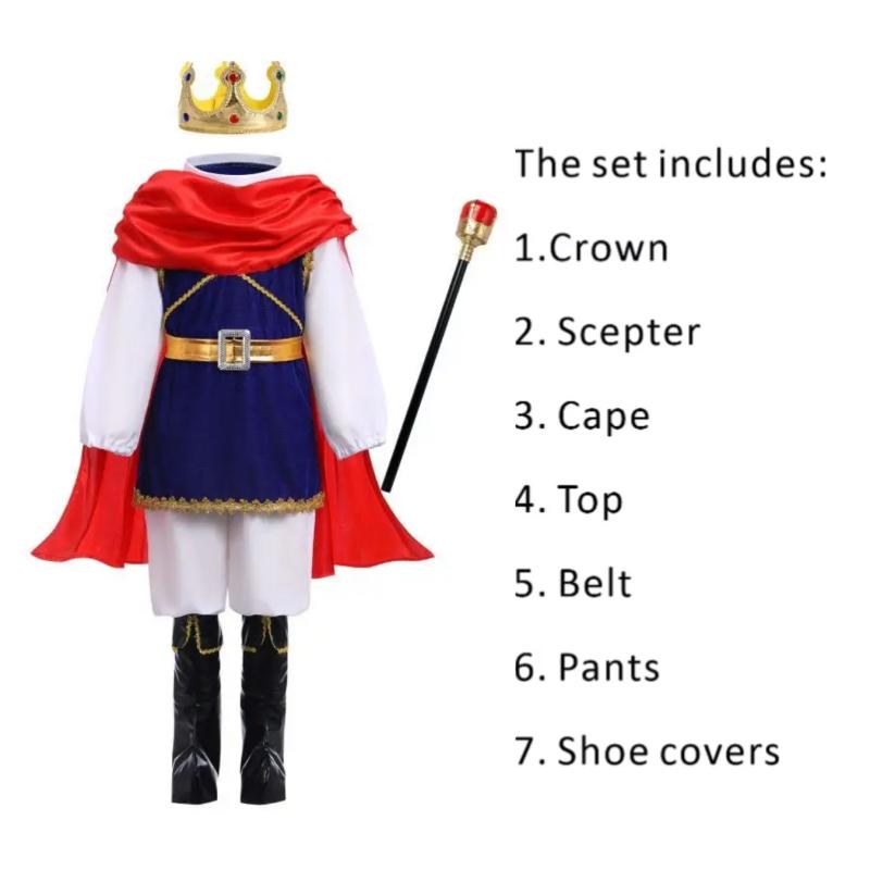 Medieval Red Blue King Prince Cosplay Costume for Boys Halloween Royal 7 Piece Set with Crown Scepter Cape Performance Party 120