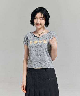 AWESOME STUDIO Flower Pattern Love T-Shirt Melange Gray