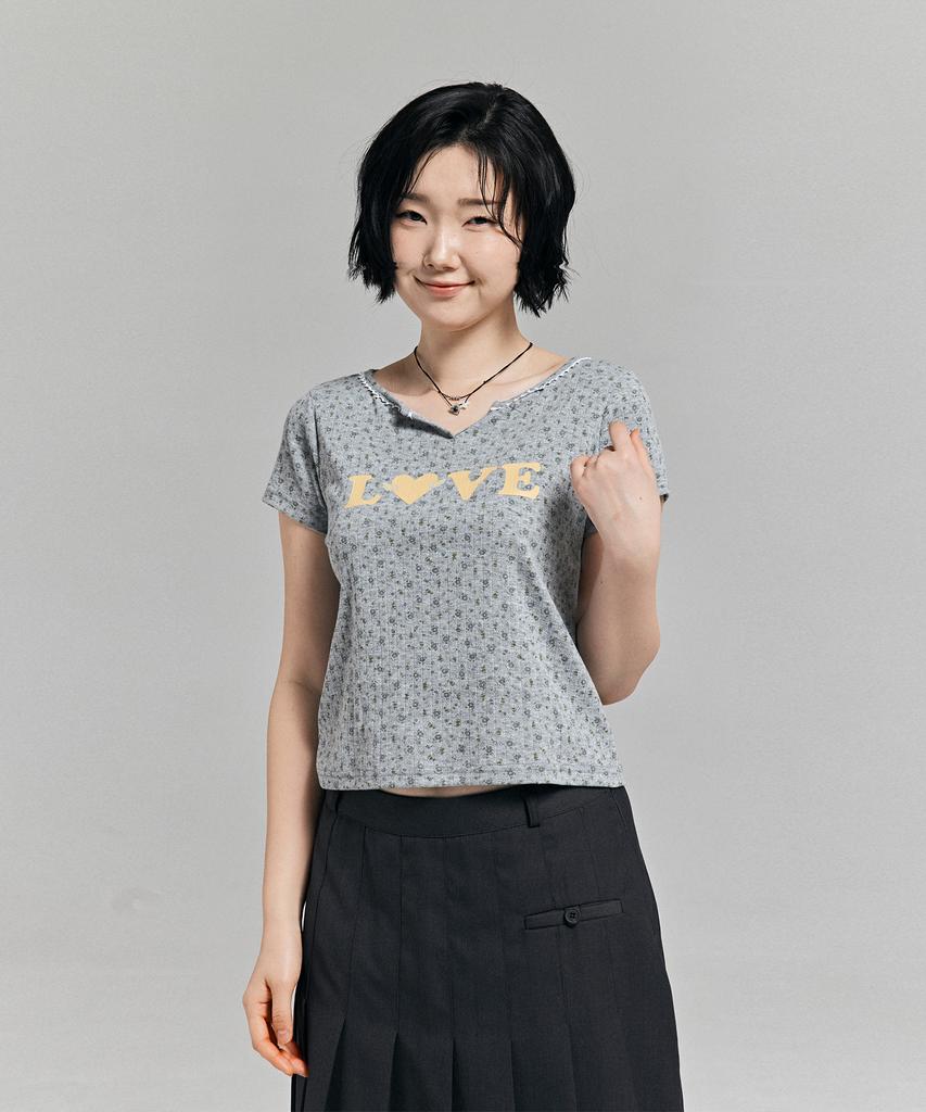AWESOME STUDIO Flower Pattern Love T-Shirt Melange Gray