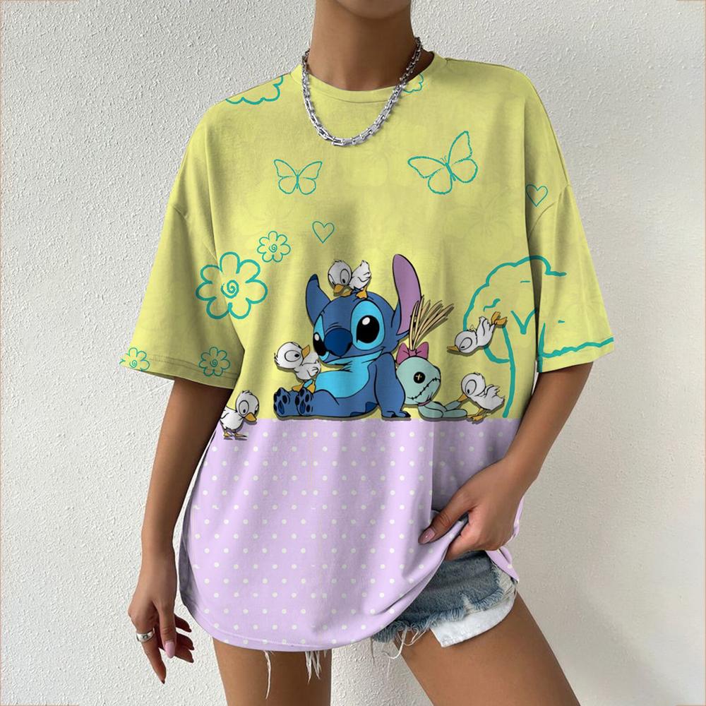 Kawaii Women's T-shirt Disney Lilo&Stitch Casual Y2k T-shirt Round Neck Short Sleeved T-shirt 2025 Summer Women's Clothing