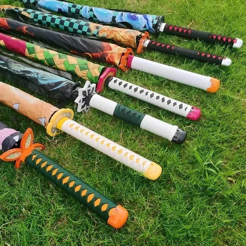 Demon Slayer Katana Umbrella Long Handle UV Blocking Black Parasol Kochou Shinobu Japanese Katana Sword Umbrella Anime Raincoa