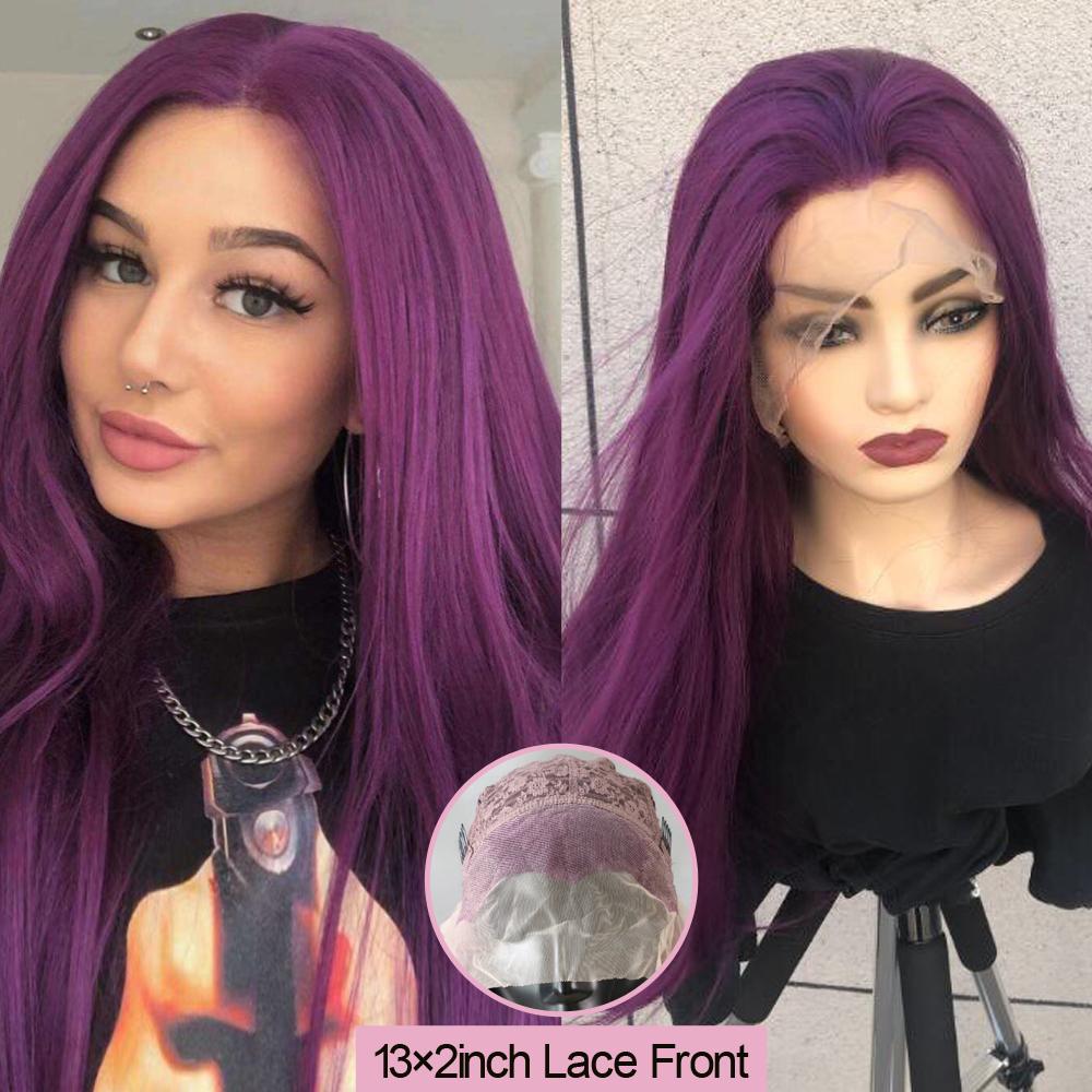 Perucă braziliană din dantelă mov sintetică Sivir Peruci lungi și drepte pentru femei, parțiunea de mijloc, petrecere/zircuită/fibră rezistentă la căldură cosplay