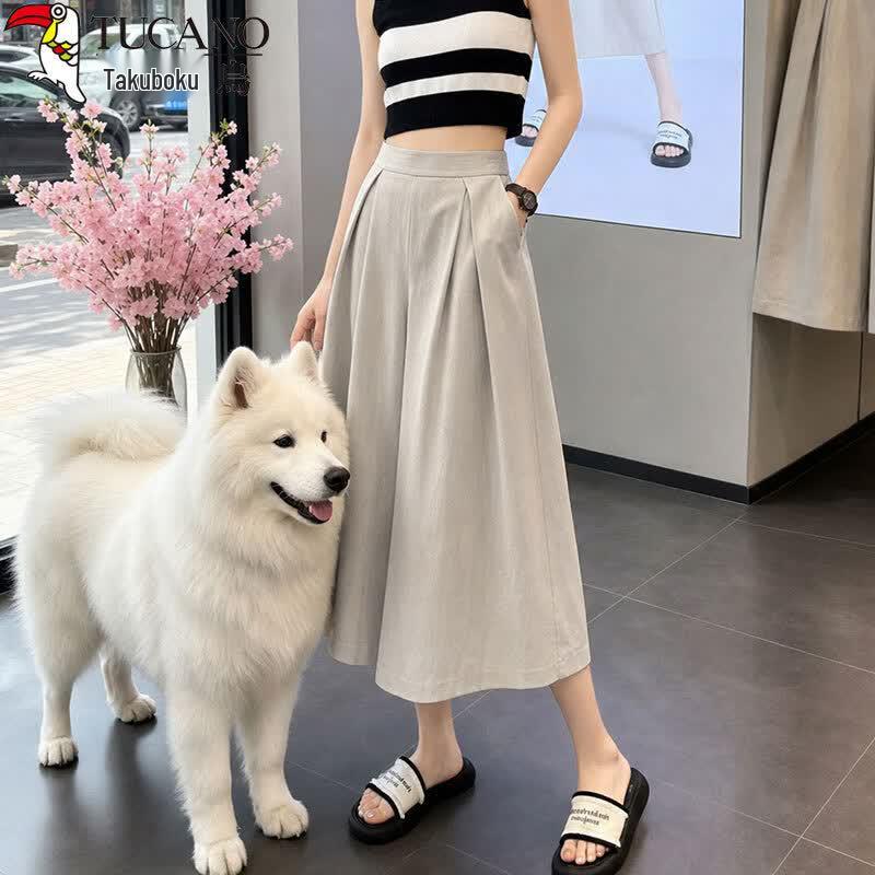 Women's 7/8 Length Ice Silk High Waist Wide-Leg Skirt Pants