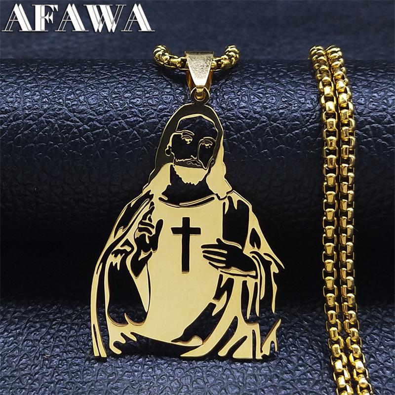 Stainless Steel Catholic Jesus Cross Pendant Necklace for Women Men Gold Color Holy Christian Chain Jewelry collar N7022S02