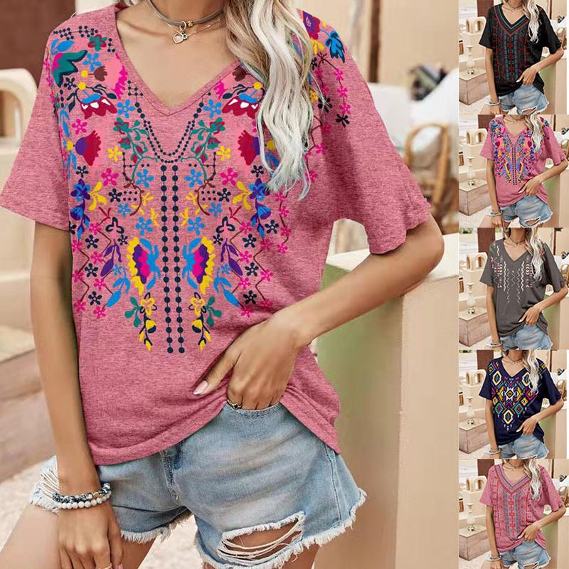 Women Holiday Boho V-neck Blouse Shirts Tops T-shirt Plus Size Ladies Summer Tee