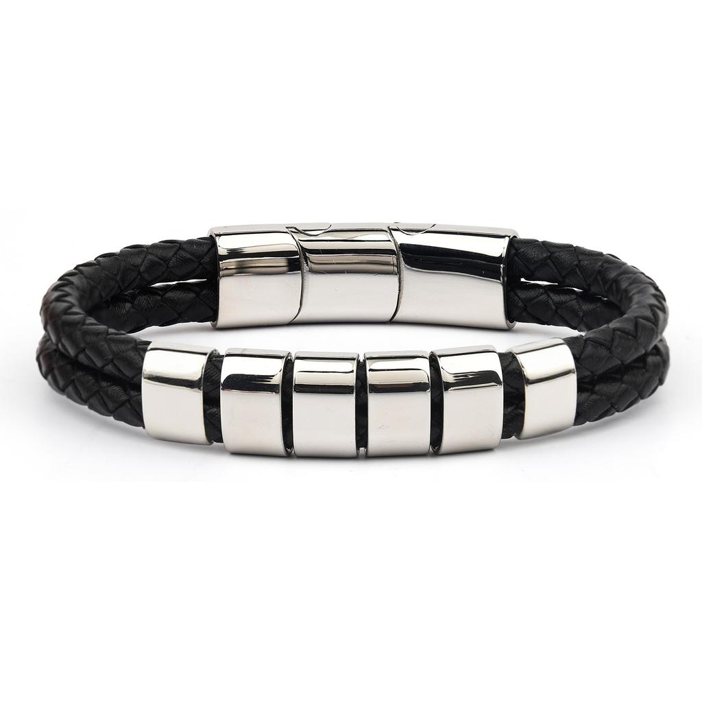 Men's Leather Bracelet Magnetic Tail Buckle Stainless Steel Positioning Ring Engraved Father's Day Gift Double Leather Bracelet