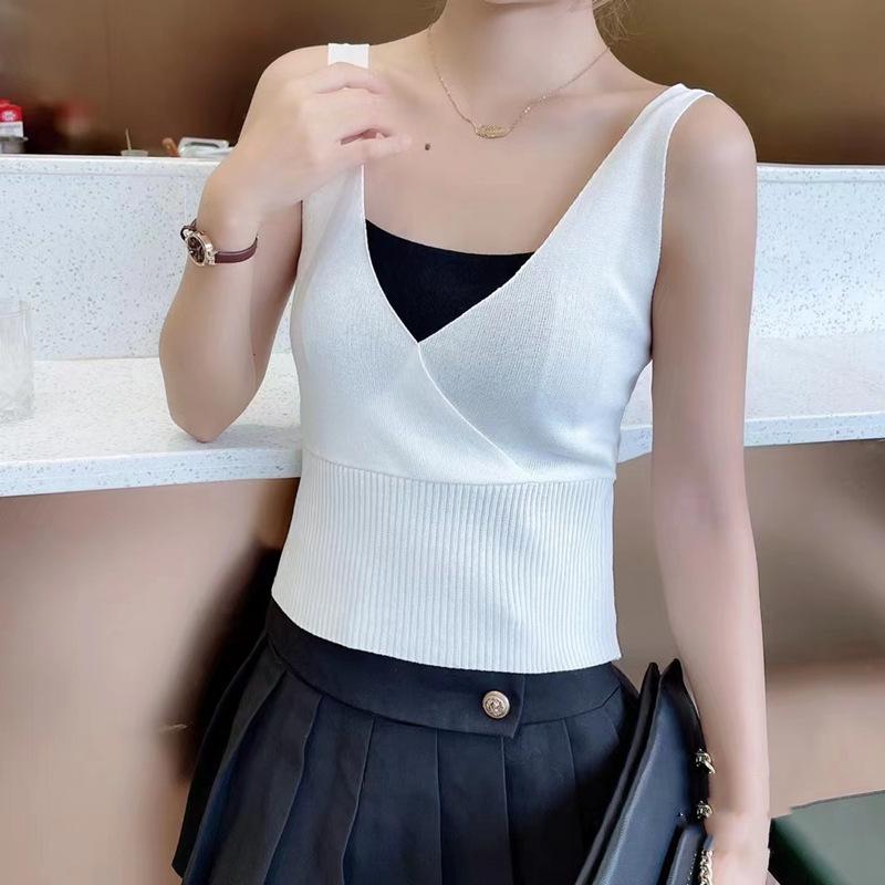 French Suspenders for Women Wearing Slim Fit Short V-neck Fashionable Splicing Fake Two-piece Knitted Sleeveless Vest Top