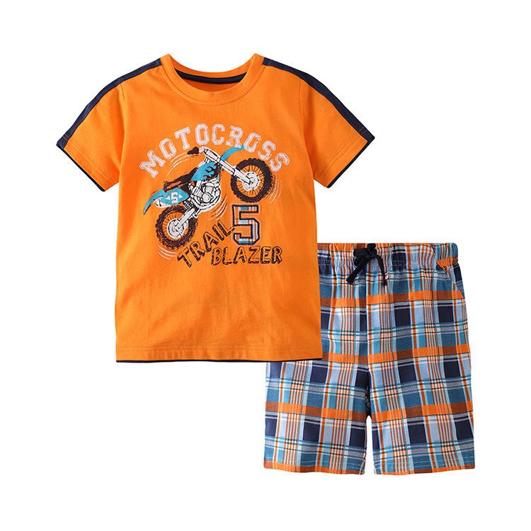 Boys' Two-piece Cartoon Printed Children's Round Neck Short Sleeved and Checkered Shorts Set