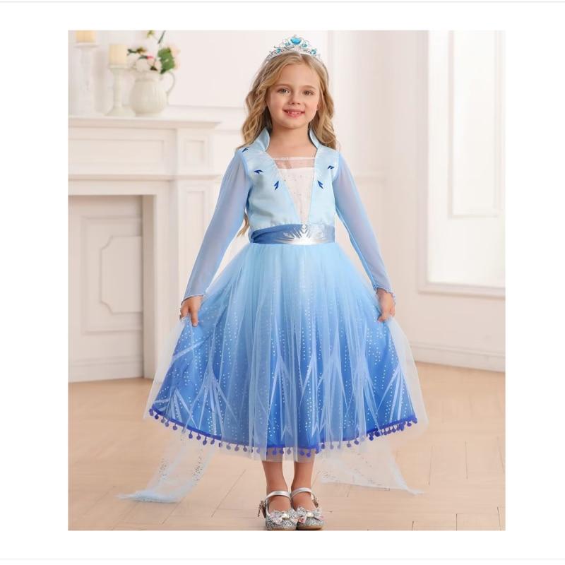 Set Corona e Parrucca Bambina Frozen 2 - Principessa Elsa Regina del Ghiaccio Tessuto Pregiato Blu 2-3 Anni (100 centimetri)