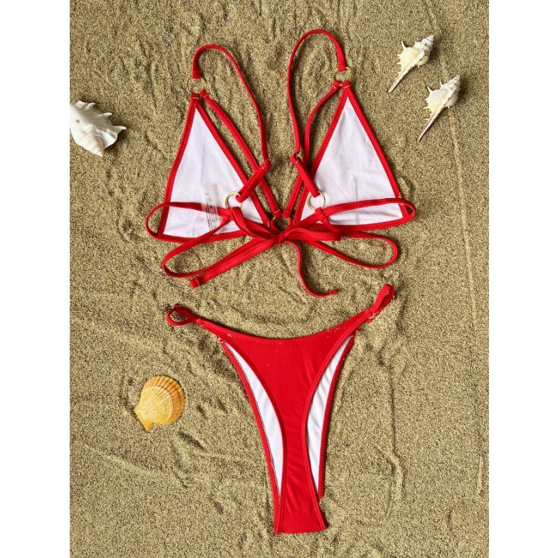 Solid Color Strappy Backless Sexy Women Two Piece Bikini Swimwear