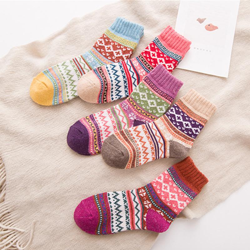 5 Pairs of Thick and Warm Cross-flower Rabbit Wool Socks with Ethnic Style and Coarse Needle Cashmere Socks for Autumn and Winter