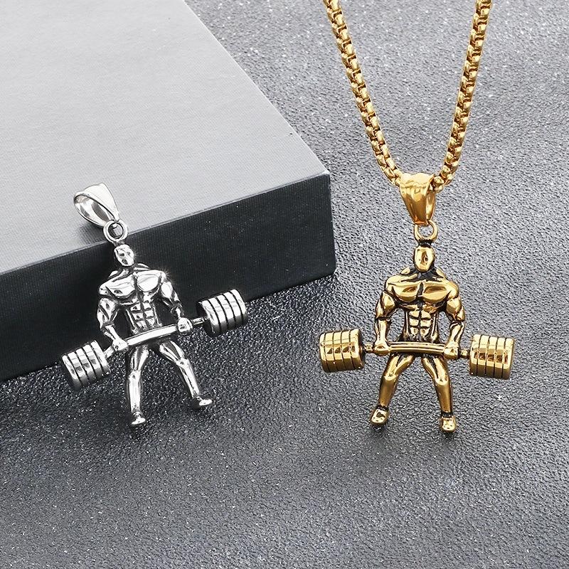 Fashionable Fitness Muscular Man Necklace Barbell Hip-Hop Style Retro Blackened Weightlifting Men's Pendant