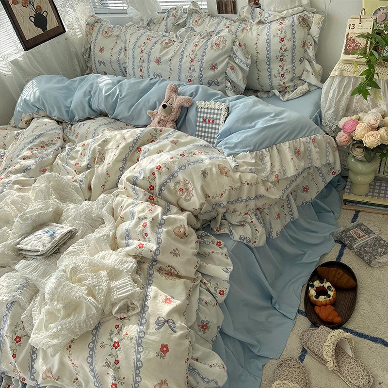Floral Bedding Set Four-piece Romantic Skin-friendly Breathable Comfortable Washed Sheets Quilt Cover Pillowcase