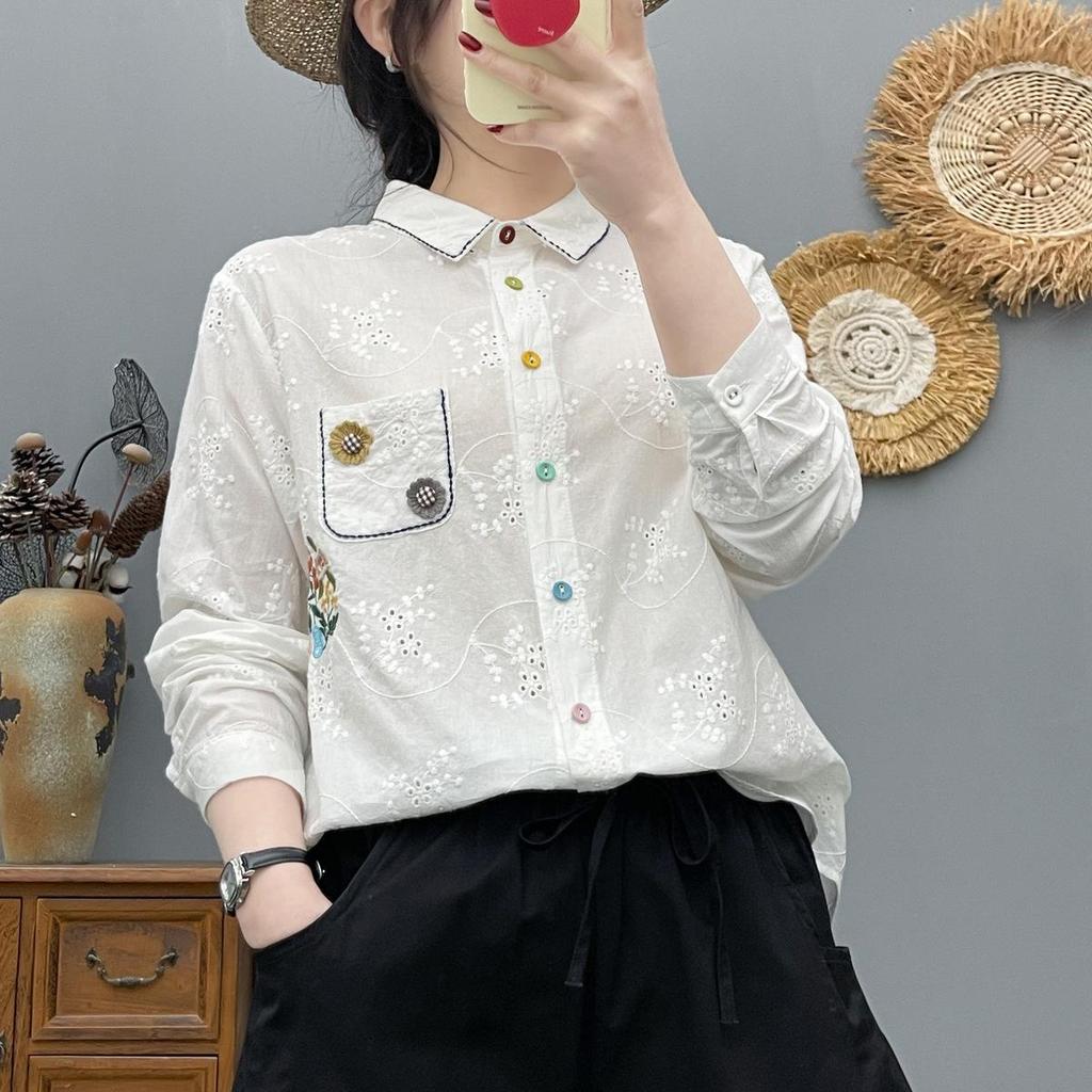 Women's Floral Embroidery Button-Up Long-Sleeve Jacquard Top for Spring and Fall