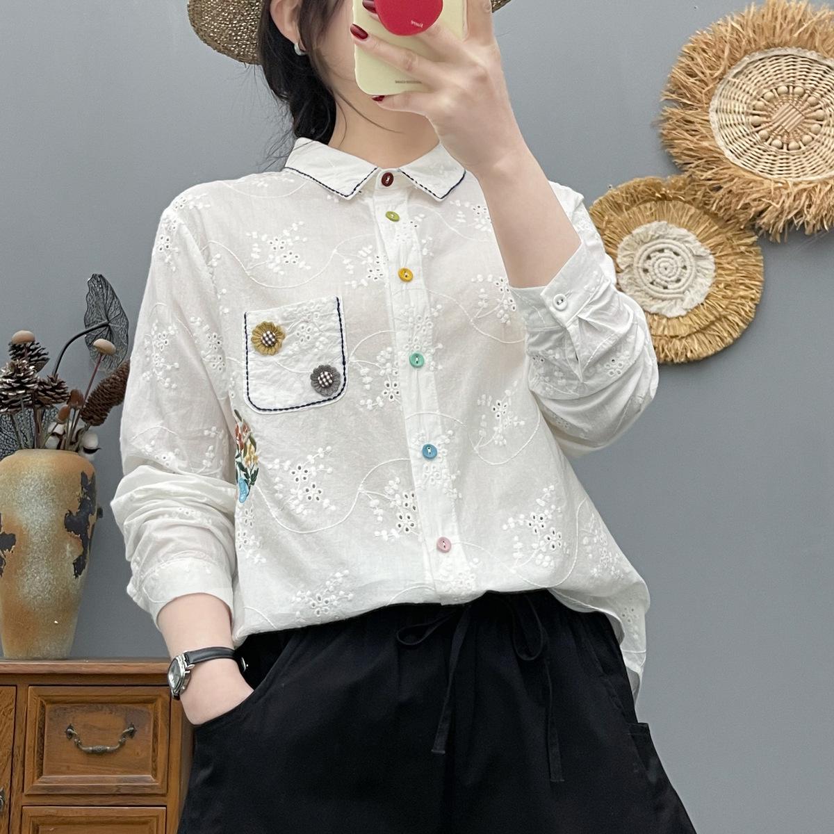 

Women s Floral Embroidery Button-Up Long-Sleeve Jacquard Top for Spring and Fall Large белый