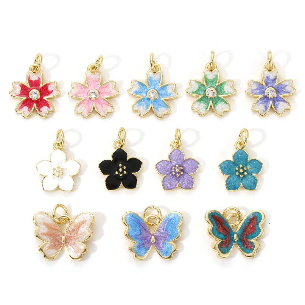 2pcs Enamel Flower Butterfly Brass Charms 18k Gold Plated Multicolor Exquisite Small Pendants For Earrings Necklace Findings
