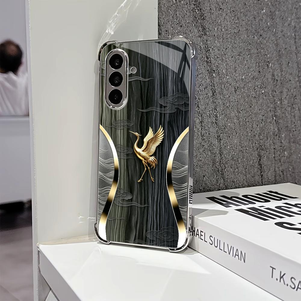 Wood Grain Golden Crane phone case s26 ultra case glass mobile phones for Samsung Galaxy S26 S25 S24 S23 S22 FE Ultra Plus