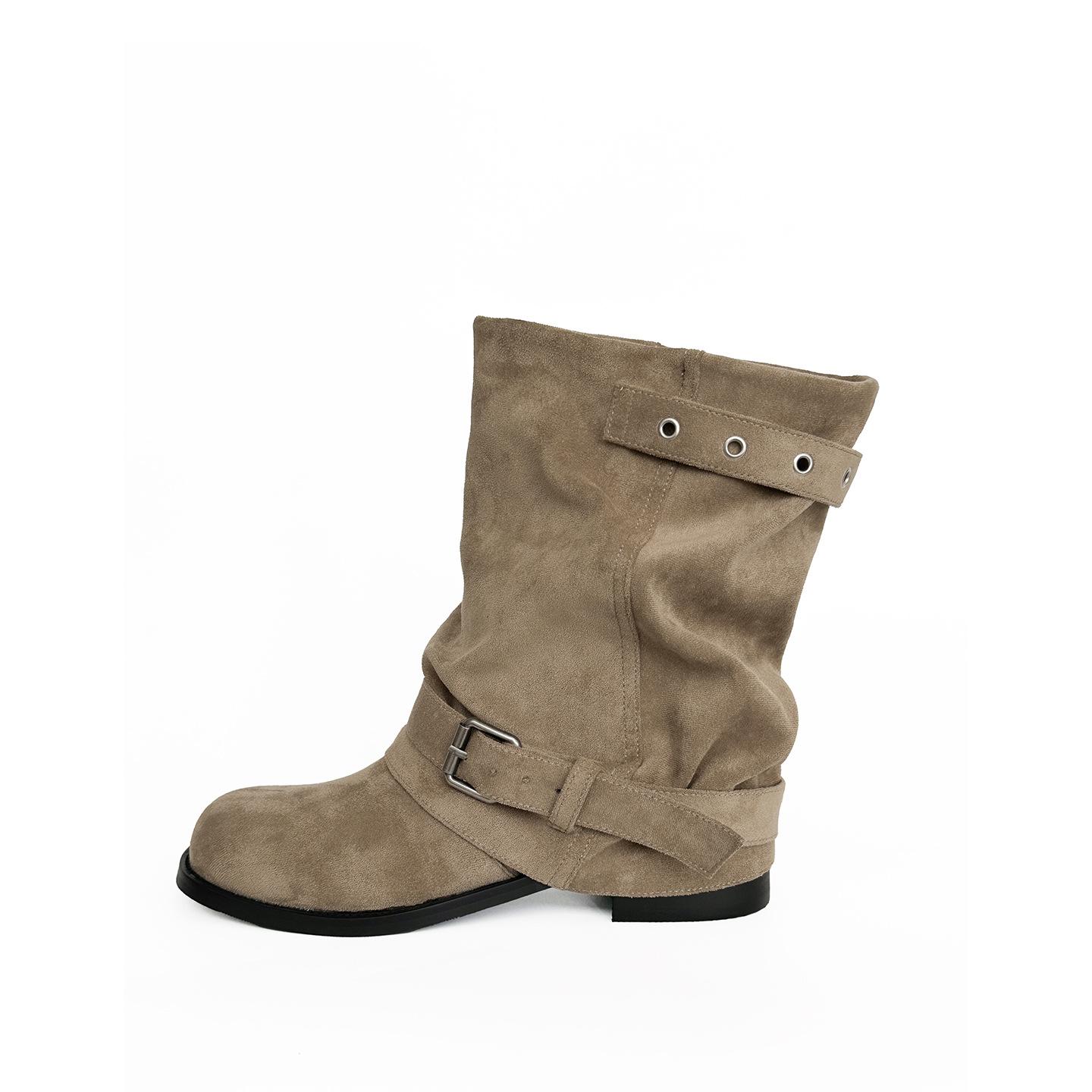 

Suding Home! Boots Autumn 2025 Summer New Middle Heel Big Tube Skinny Pleated Pile Boots Black Short Boots Tide 40 хаки