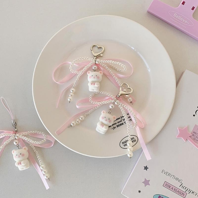 Stylish Flocking Bear Keychain With Pearls Accent and Ribbon Bowknot Stylish Purse Or Car Key Holder Accessory