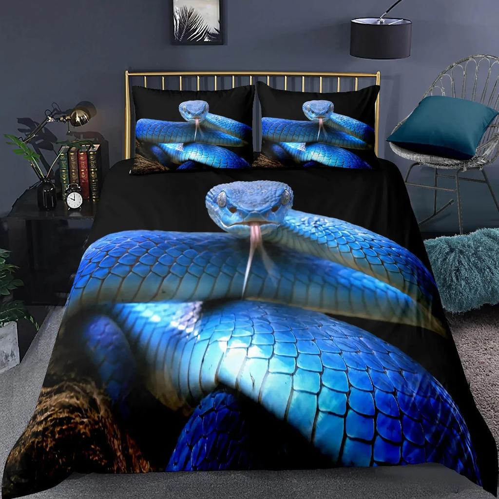 Schlangen Bettbezug Set, Schwarze Rosenblüten Rustikaler Bettdeckenbezug, 3D Aufgerollte Schlange Weißes Reptilien Bettwäscheset, Bettbezug King Size