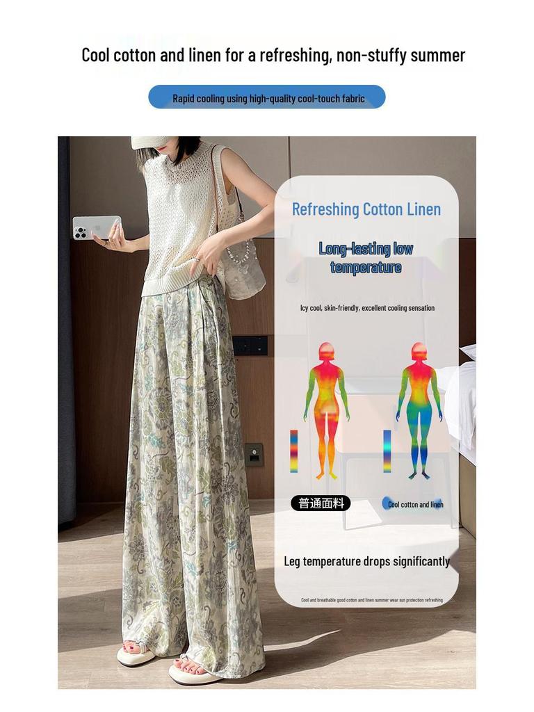 Women's High-Waist Retro Print Wide-Leg Linen Pants - Spring 2026 Collection