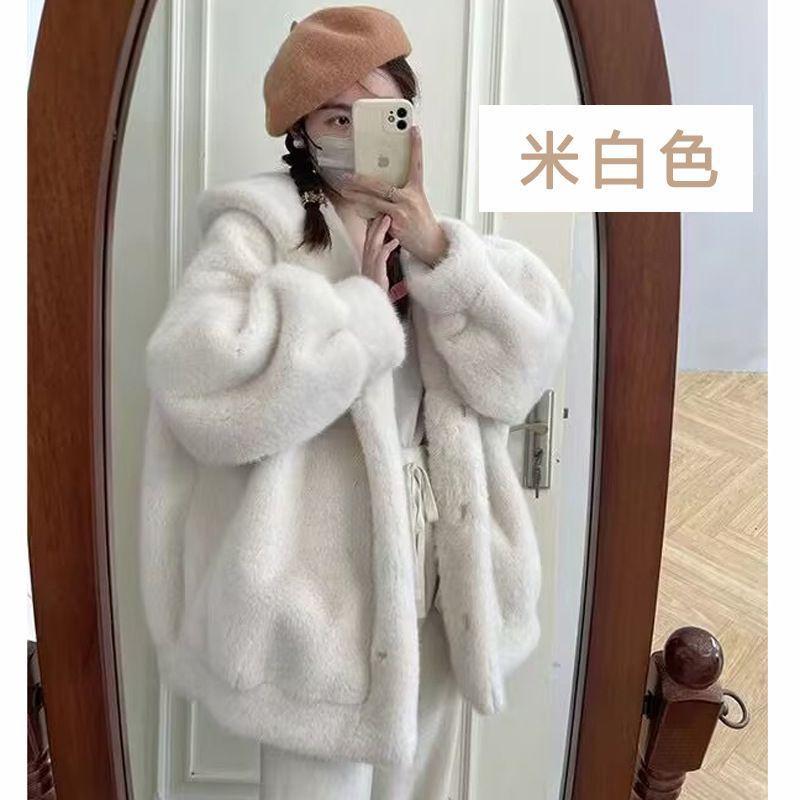 Autumn and winter new blue hooded top women's coat fur fur coat loose warm thickened medium and long