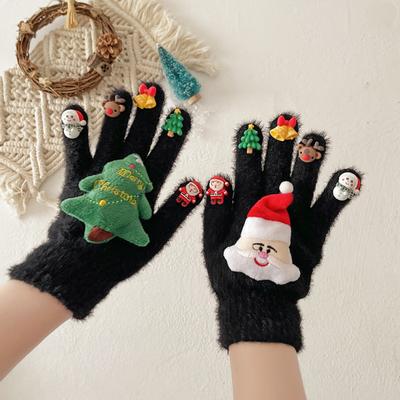 1 Pair Christmas Knitted Gloves Men Women Winter Warm Thick Plush Gloves with Xmas Charm Outdoor Cycling Cold Weather Thermal Full Finger Gloves