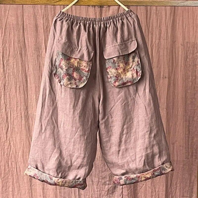 Johnature Frauen Vintage Leinen Breite Bein Hosen Elastische Taille Patchwork Taschen Herbst Einfarbig Frauen Kalb-länge Hosen